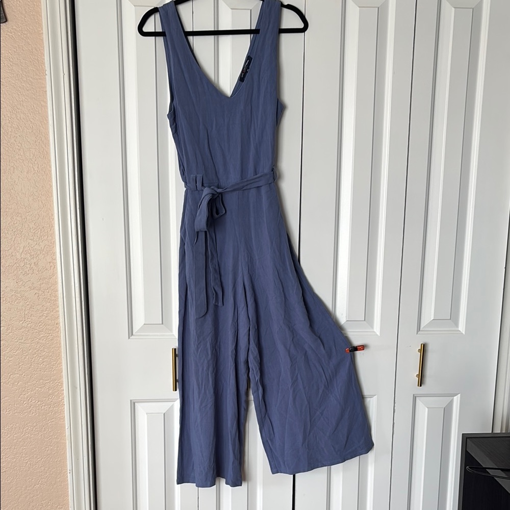One Clothing Blue V-Neck Jumpsuit with Tie Waist